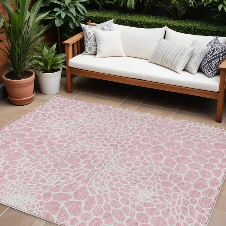 8' X 10' Pink And Ivory Geometric Washable Indoor Outdoor Area Rug