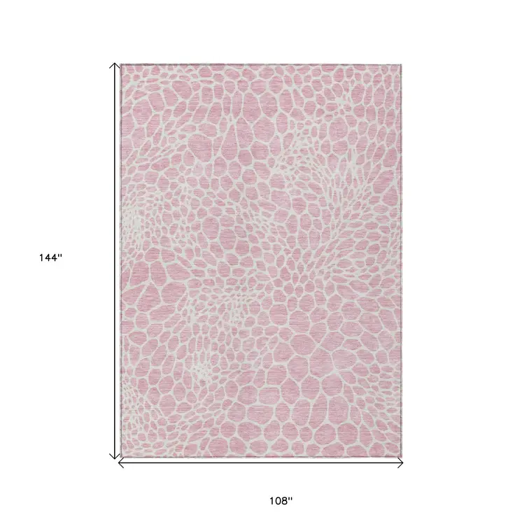 9' X 12' Pink And Ivory Geometric Washable Indoor Outdoor Area Rug