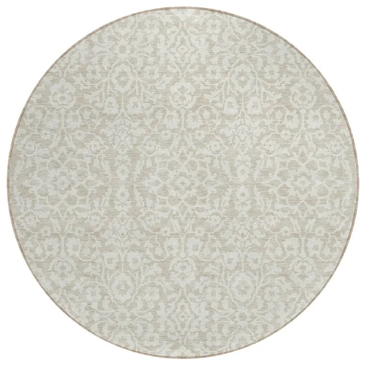 8' Beige And Ivory Round Damask Washable Indoor Outdoor Area Rug