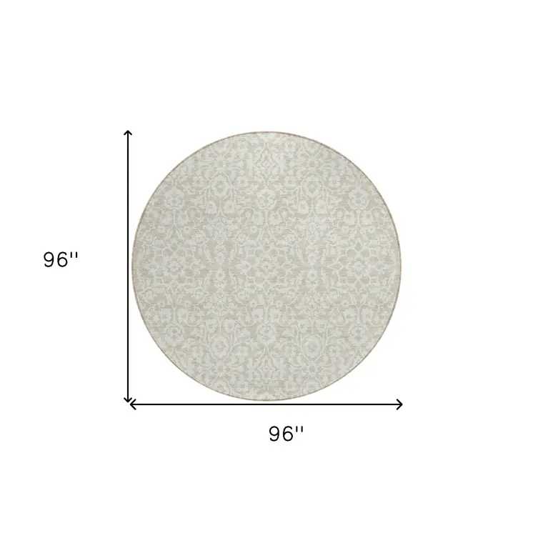 8' Beige And Ivory Round Damask Washable Indoor Outdoor Area Rug