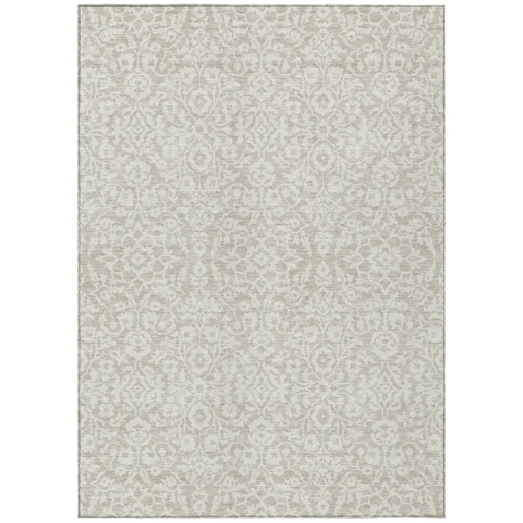 9' X 12' Beige And Ivory Damask Washable Indoor Outdoor Area Rug