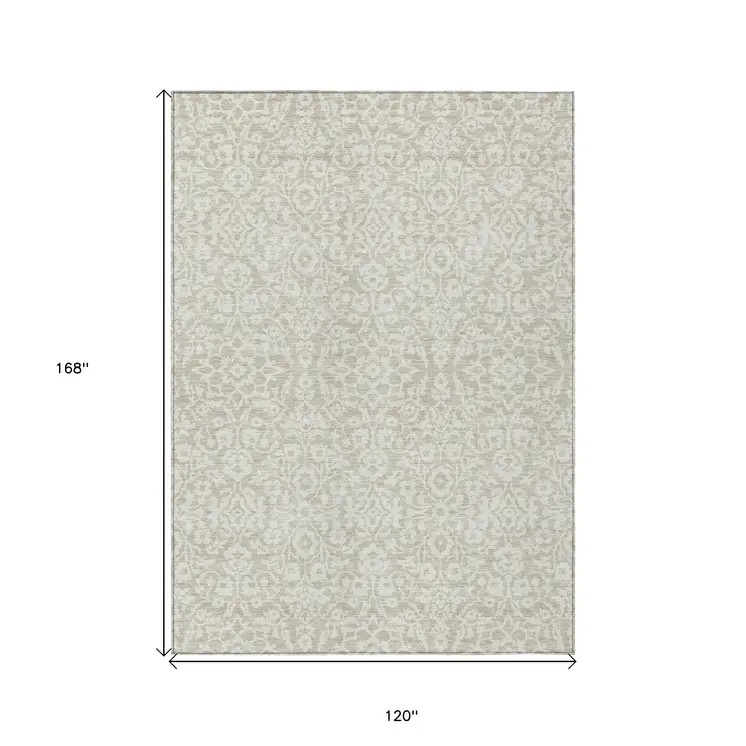 10' X 14' Beige And Ivory Damask Washable Indoor Outdoor Area Rug