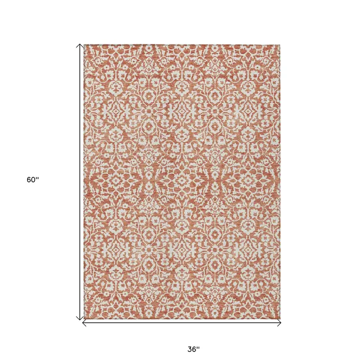 3' X 5' Coral And Ivory Damask Washable Indoor Outdoor Area Rug
