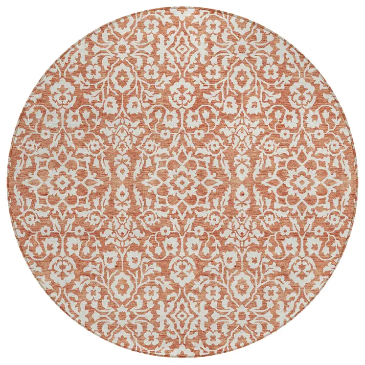 8' Coral And Ivory Round Damask Washable Indoor Outdoor Area Rug
