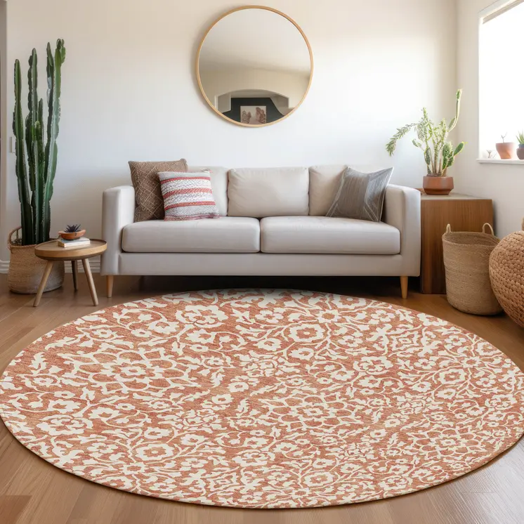 8' Coral And Ivory Round Damask Washable Indoor Outdoor Area Rug