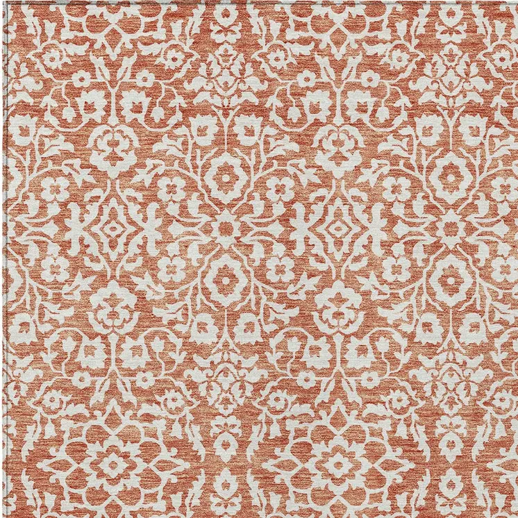 8' X 10' Coral And Ivory Damask Washable Indoor Outdoor Area Rug