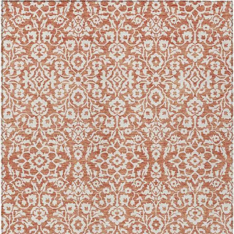 9' X 12' Coral And Ivory Damask Washable Indoor Outdoor Area Rug
