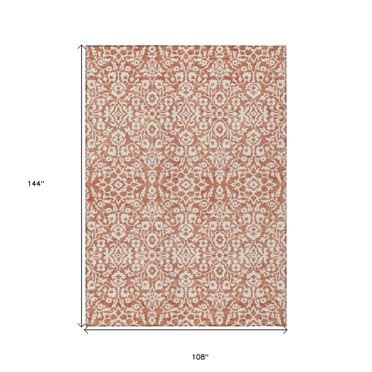 9' X 12' Coral And Ivory Damask Washable Indoor Outdoor Area Rug