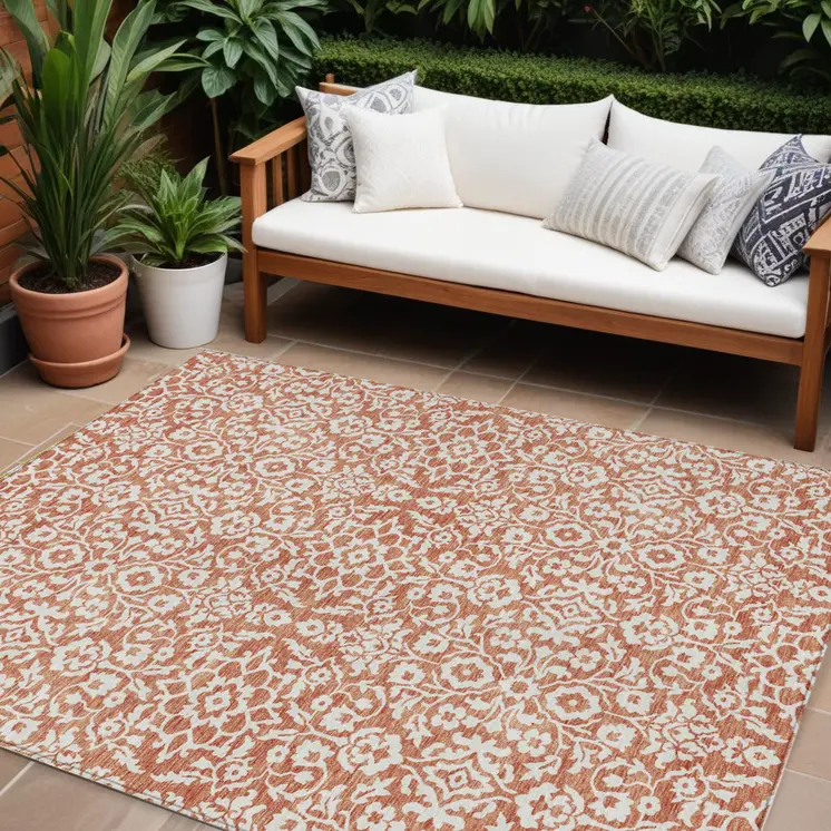 9' X 12' Coral And Ivory Damask Washable Indoor Outdoor Area Rug