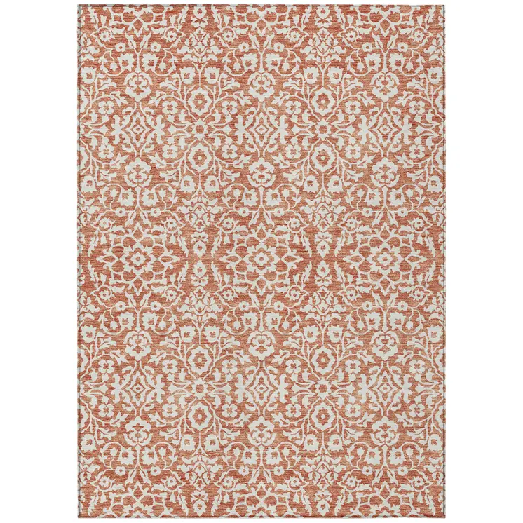 9' X 12' Coral And Ivory Damask Washable Indoor Outdoor Area Rug