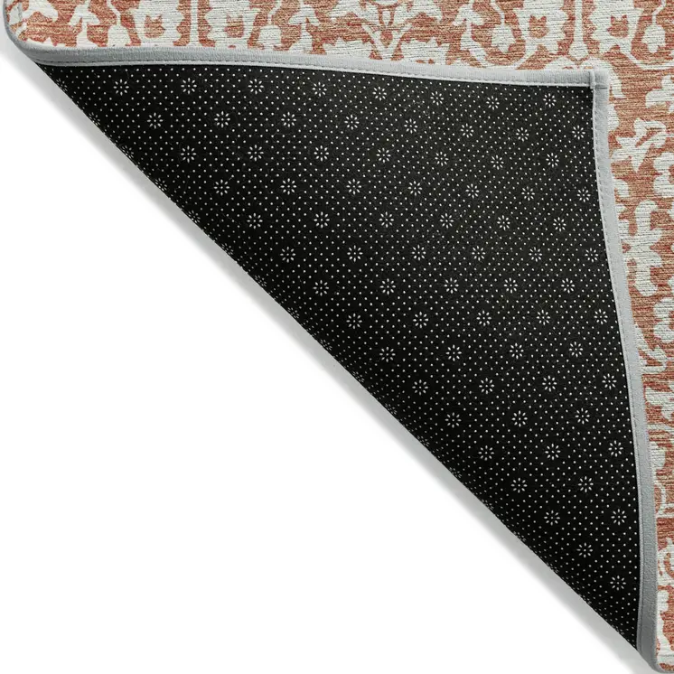 9' X 12' Coral And Ivory Damask Washable Indoor Outdoor Area Rug