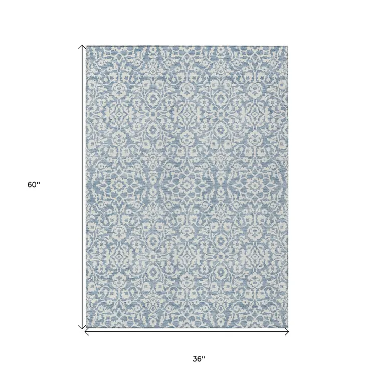 3' X 5' Denim Blue And Ivory Damask Washable Indoor Outdoor Area Rug