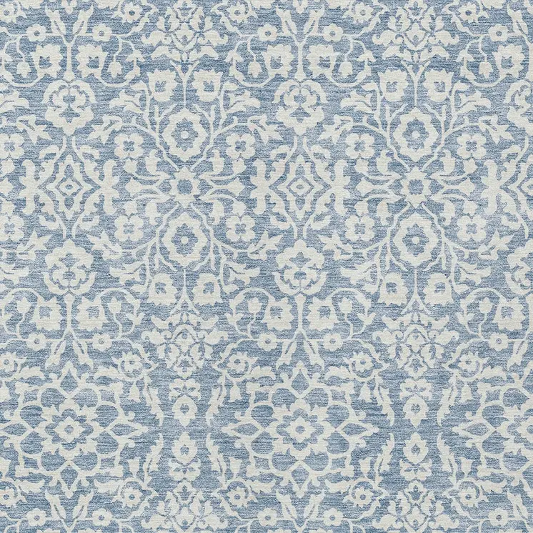 3' X 5' Denim Blue And Ivory Damask Washable Indoor Outdoor Area Rug