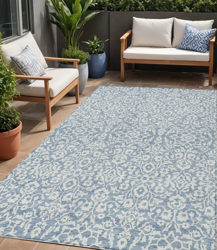 8' X 10' Denim Blue And Ivory Damask Washable Indoor Outdoor Area Rug