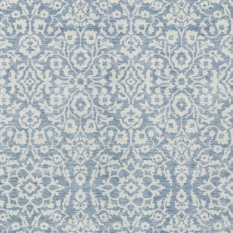 8' X 10' Denim Blue And Ivory Damask Washable Indoor Outdoor Area Rug