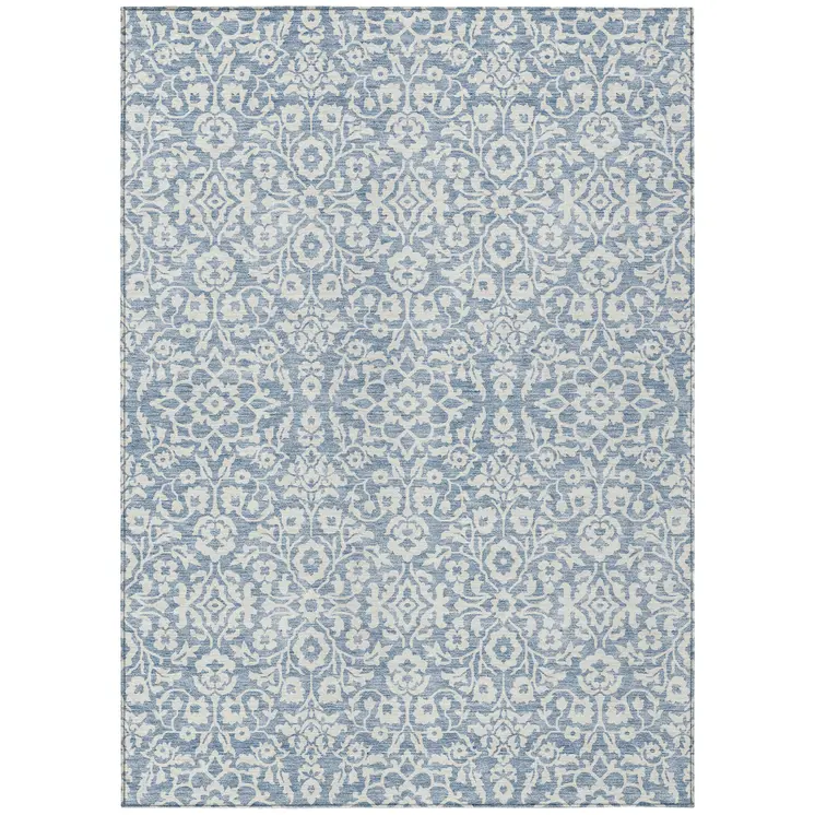 9' X 12' Denim Blue And Ivory Damask Washable Indoor Outdoor Area Rug