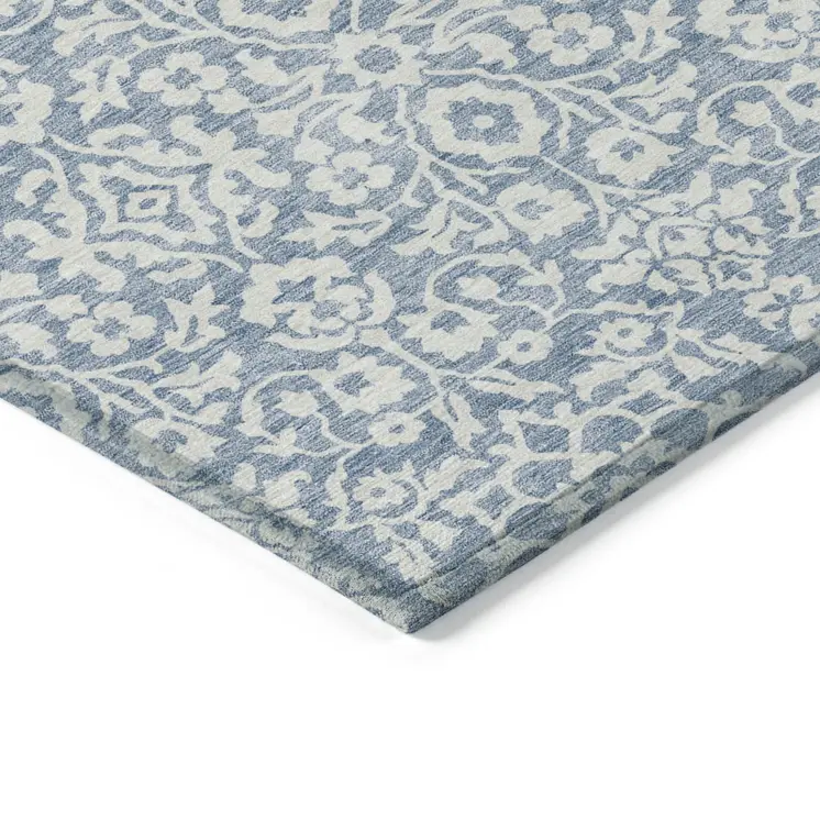 9' X 12' Denim Blue And Ivory Damask Washable Indoor Outdoor Area Rug