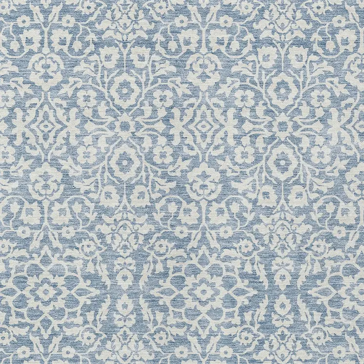 9' X 12' Denim Blue And Ivory Damask Washable Indoor Outdoor Area Rug