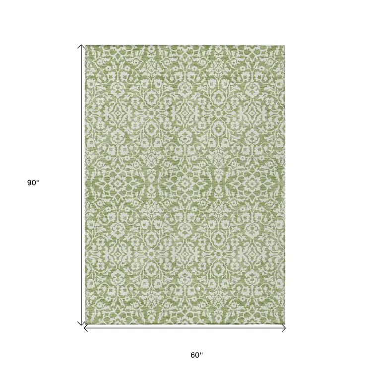 5' X 8' Green And Ivory Damask Washable Indoor Outdoor Area Rug