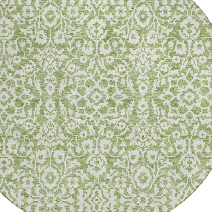 8' Green And Ivory Round Damask Washable Indoor Outdoor Area Rug
