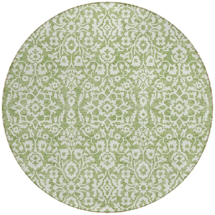 8' Green And Ivory Round Damask Washable Indoor Outdoor Area Rug