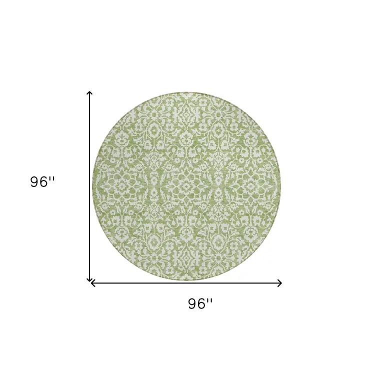 8' Green And Ivory Round Damask Washable Indoor Outdoor Area Rug