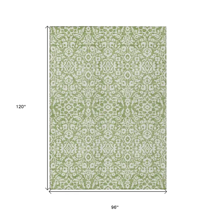 8' X 10' Green And Ivory Damask Washable Indoor Outdoor Area Rug
