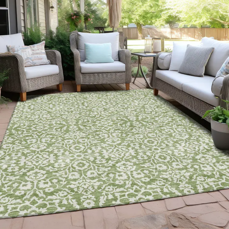 8' X 10' Green And Ivory Damask Washable Indoor Outdoor Area Rug