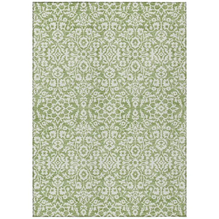 8' X 10' Green And Ivory Damask Washable Indoor Outdoor Area Rug