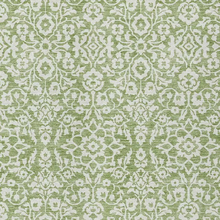 8' X 10' Green And Ivory Damask Washable Indoor Outdoor Area Rug