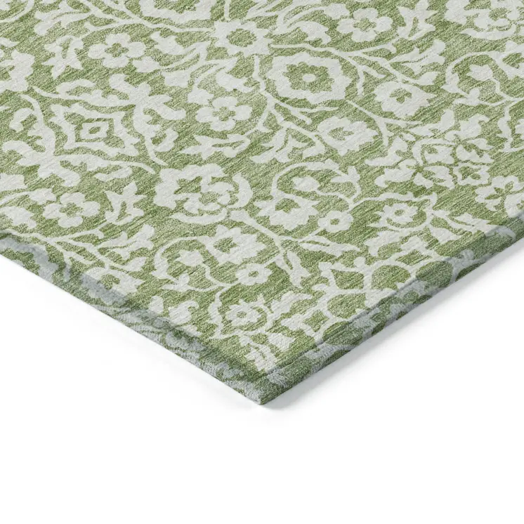 8' X 10' Green And Ivory Damask Washable Indoor Outdoor Area Rug