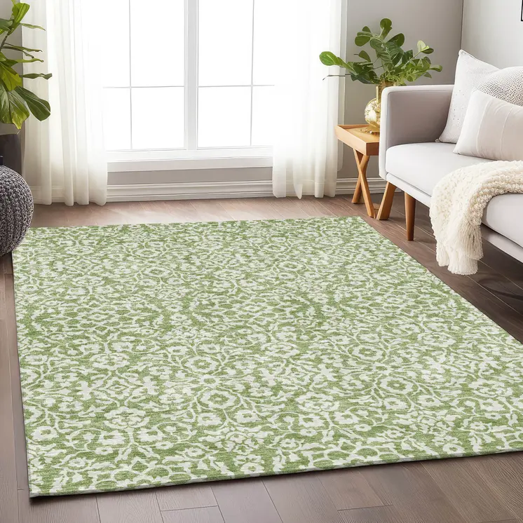 8' X 10' Green And Ivory Damask Washable Indoor Outdoor Area Rug