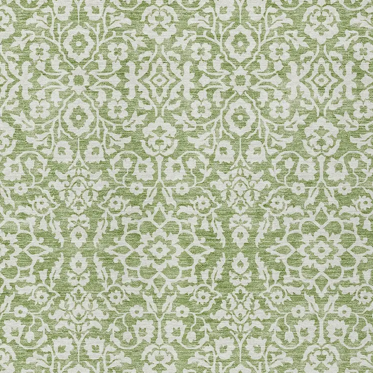 9' X 12' Green And Ivory Damask Washable Indoor Outdoor Area Rug