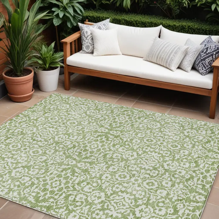 10' X 14' Green And Ivory Damask Washable Indoor Outdoor Area Rug