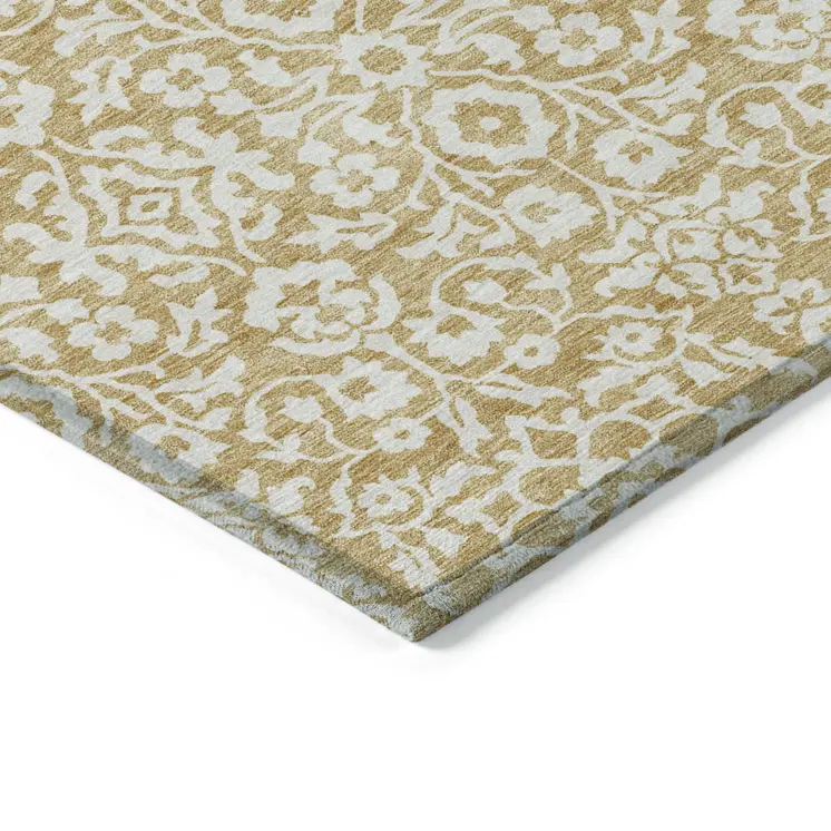 5' X 8' Gold And Beige Damask Washable Indoor Outdoor Area Rug