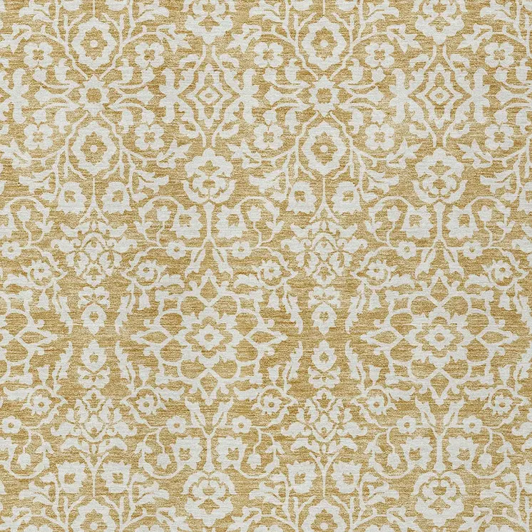 5' X 8' Gold And Beige Damask Washable Indoor Outdoor Area Rug