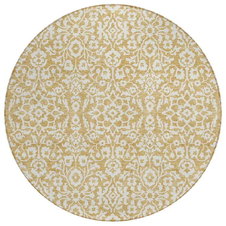 8' Gold And Beige Round Damask Washable Indoor Outdoor Area Rug