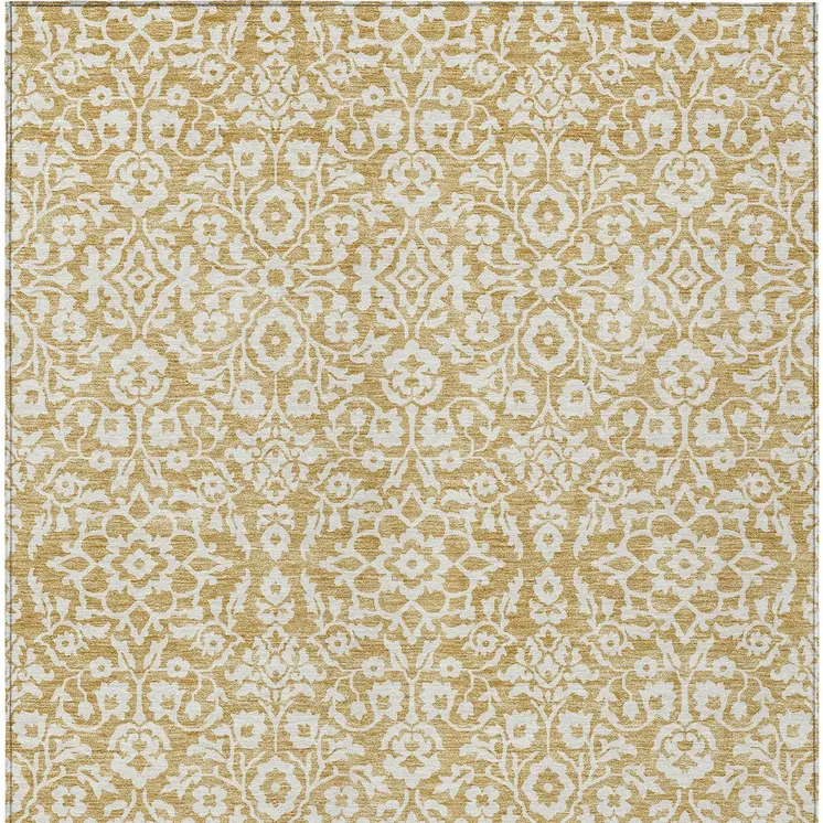 10' X 14' Gold And Beige Damask Washable Indoor Outdoor Area Rug