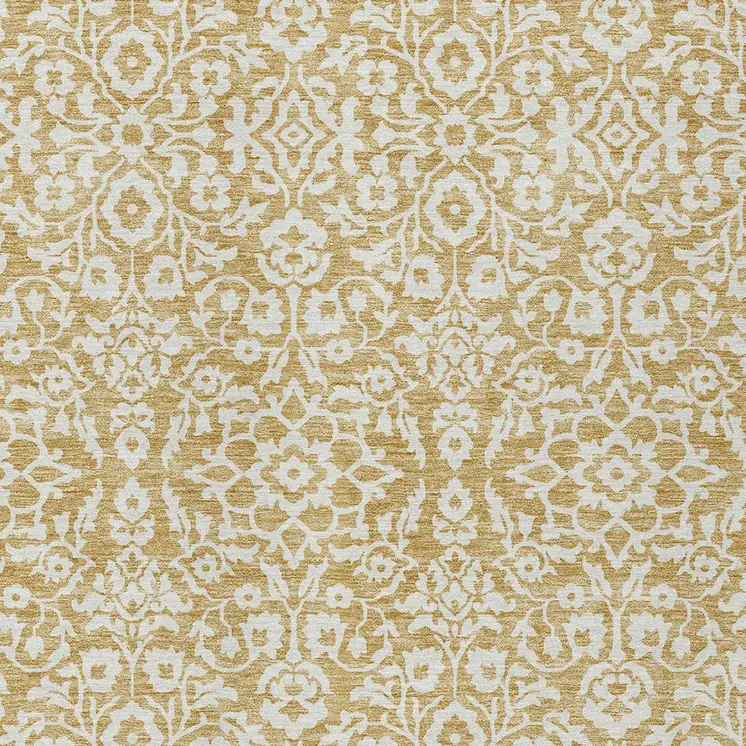 10' X 14' Gold And Beige Damask Washable Indoor Outdoor Area Rug