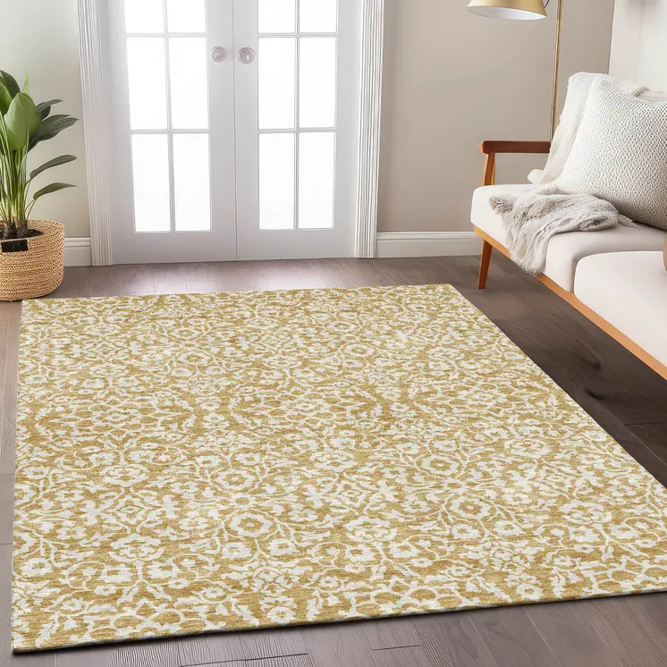10' X 14' Gold And Beige Damask Washable Indoor Outdoor Area Rug