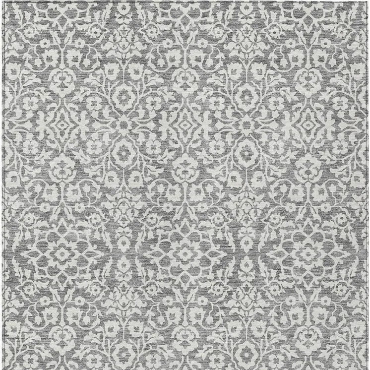 3' X 5' Gray And Ivory Damask Washable Indoor Outdoor Area Rug