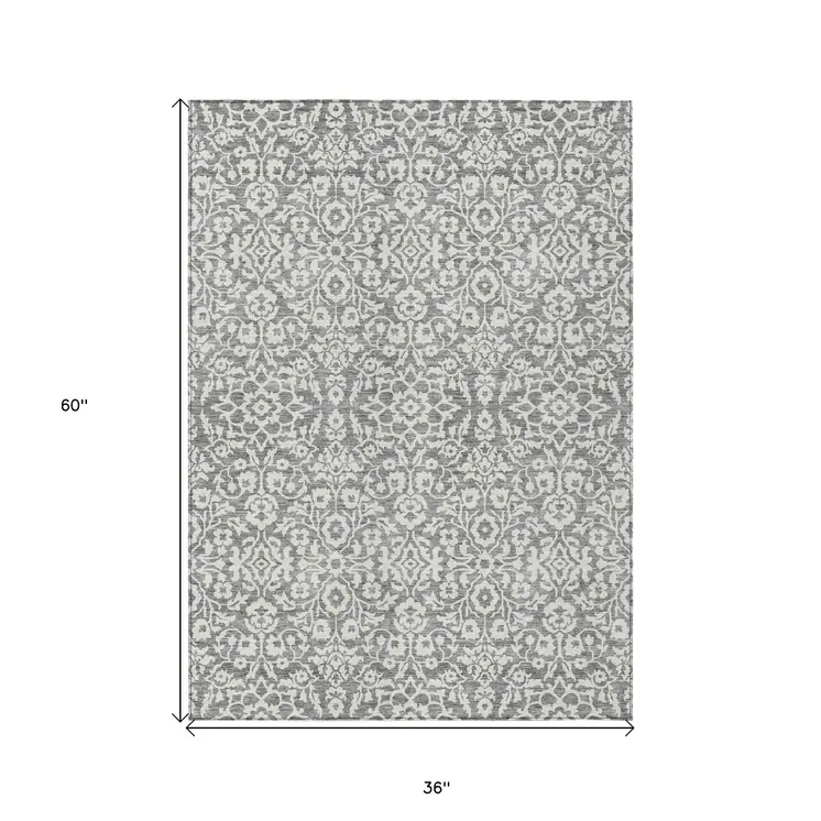 3' X 5' Gray And Ivory Damask Washable Indoor Outdoor Area Rug