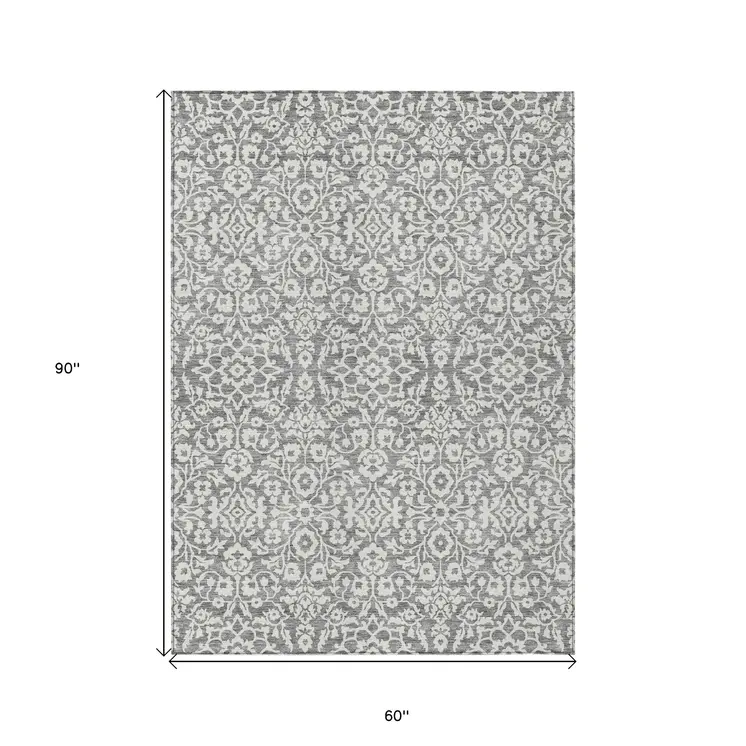 5' X 8' Gray And Ivory Damask Washable Indoor Outdoor Area Rug