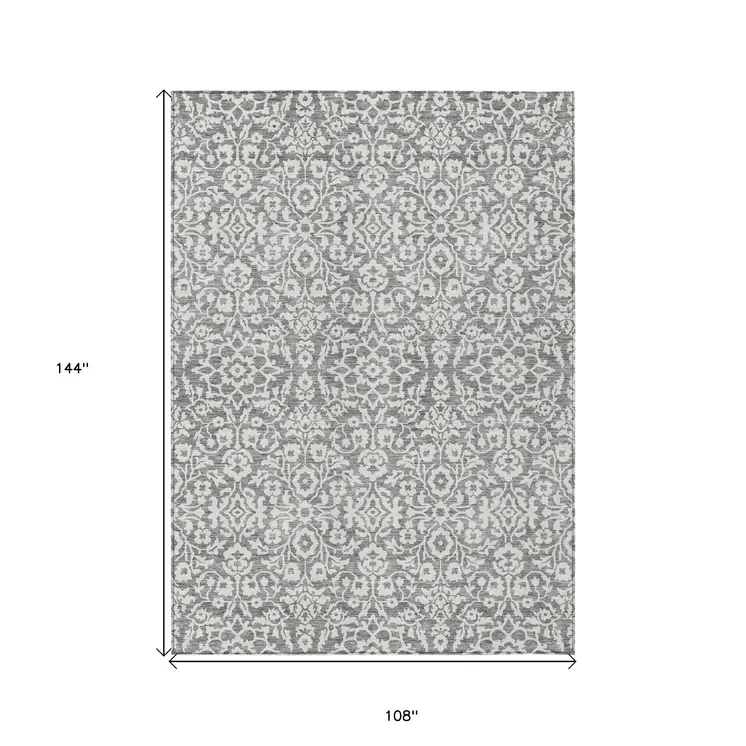 9' X 12' Gray And Ivory Damask Washable Indoor Outdoor Area Rug