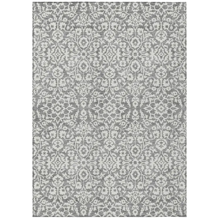 9' X 12' Gray And Ivory Damask Washable Indoor Outdoor Area Rug