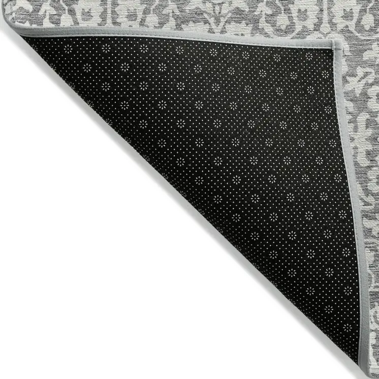 9' X 12' Gray And Ivory Damask Washable Indoor Outdoor Area Rug