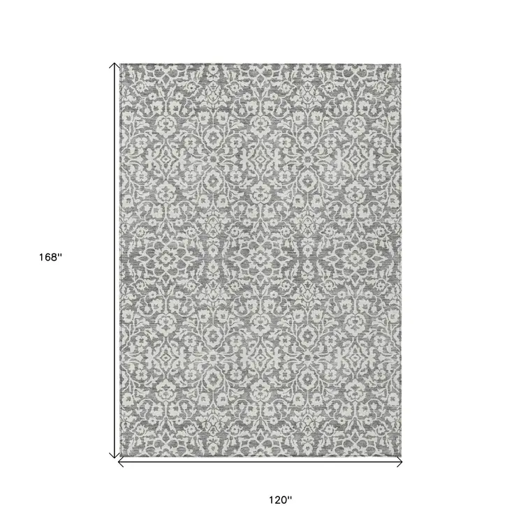 10' X 14' Gray And Ivory Damask Washable Indoor Outdoor Area Rug