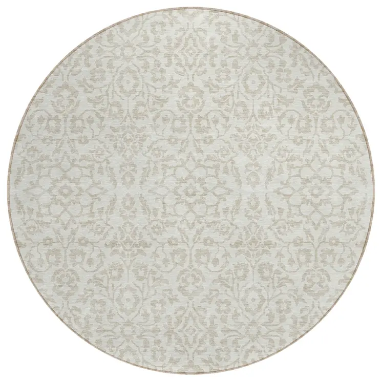8' Ivory And Beige Round Damask Washable Indoor Outdoor Area Rug