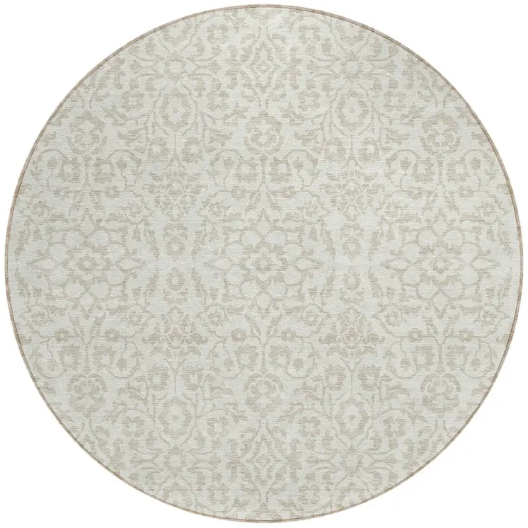 8' Ivory And Beige Round Damask Washable Indoor Outdoor Area Rug
