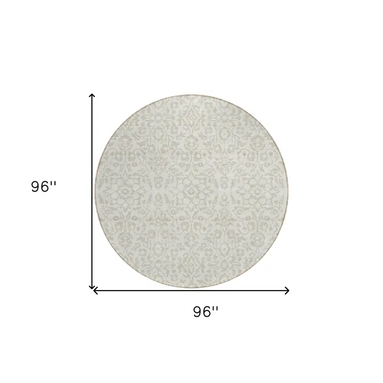 8' Ivory And Beige Round Damask Washable Indoor Outdoor Area Rug